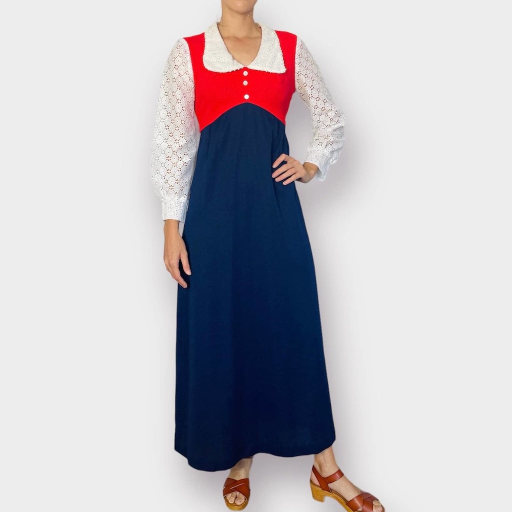 1970s Red, White and Navy Maxi‎ Dress